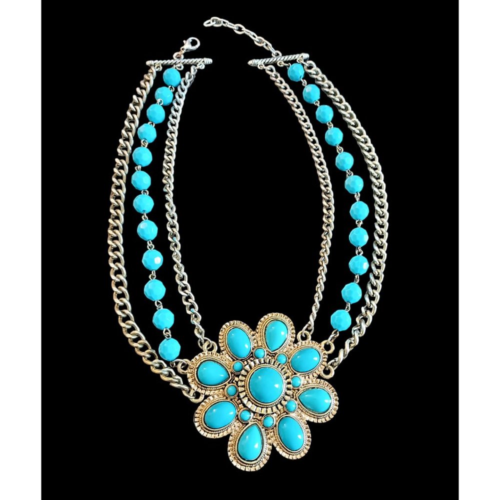 Vintage Boho Large Flower Pendant Blue Bead Multi Chain Two Tone Necklace 19.5"